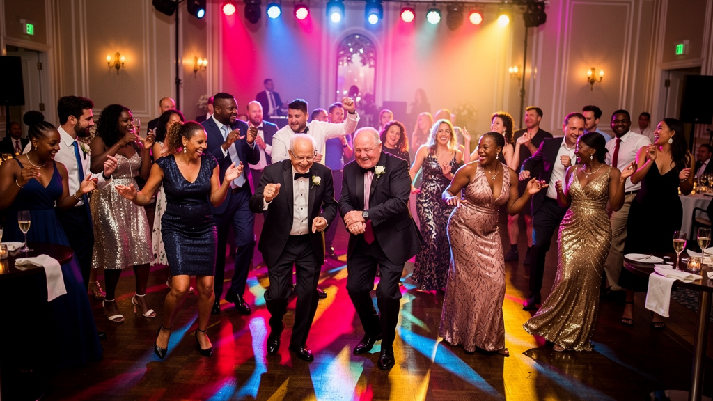 Invitados de boda multigeneracionales bailando juntos con alegría