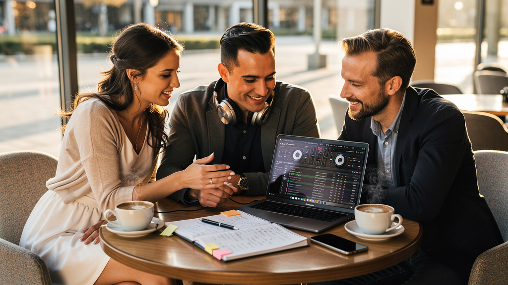 Pareja planificando la música de la boda con un DJ profesional