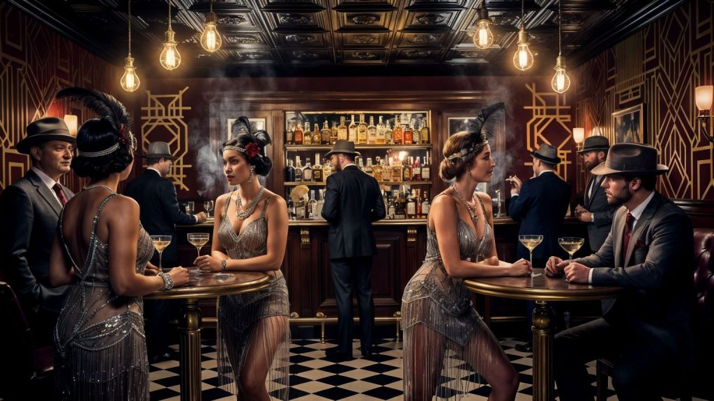 Vintage 1920s speakeasy scene with people in costume.