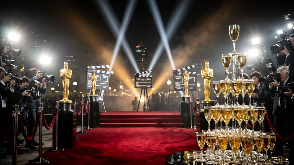 Red carpet event with photographers and champagne pyramid.