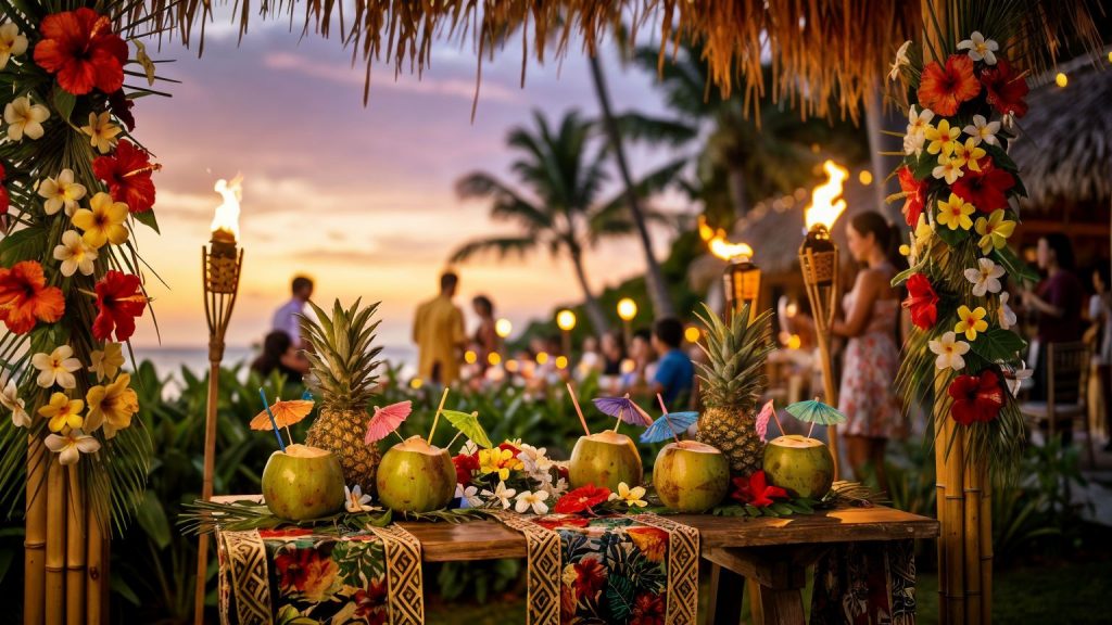 Tropical beach party with coconuts and flowers.