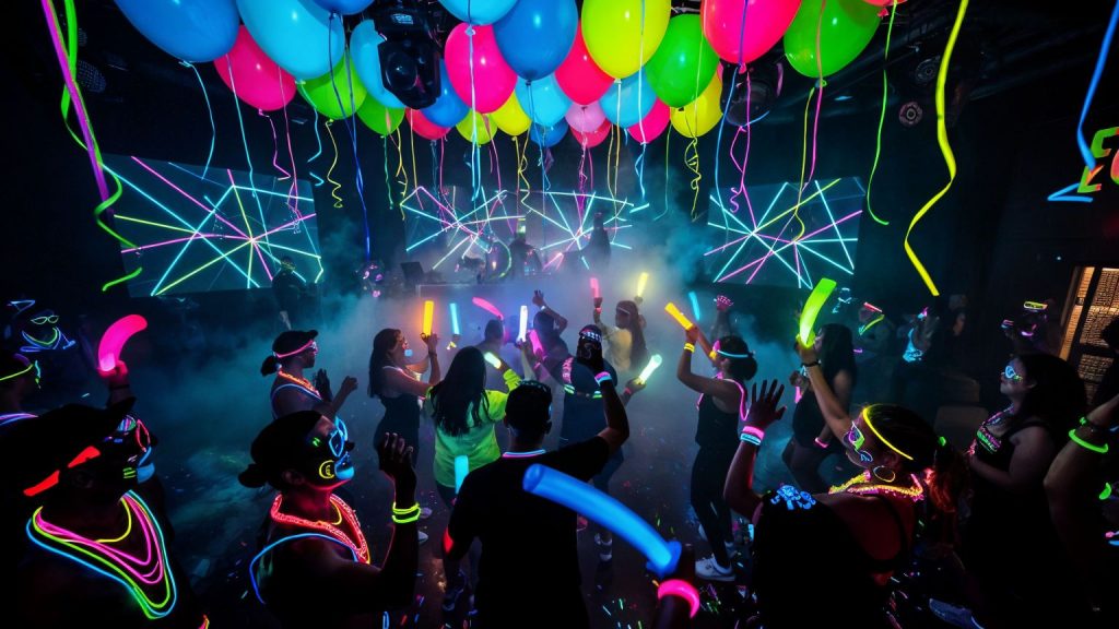 Colorful neon-themed party with dancing crowd.