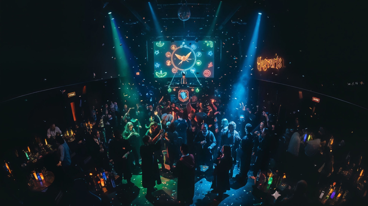 Colorful nightclub party with dancing crowd and DJ.