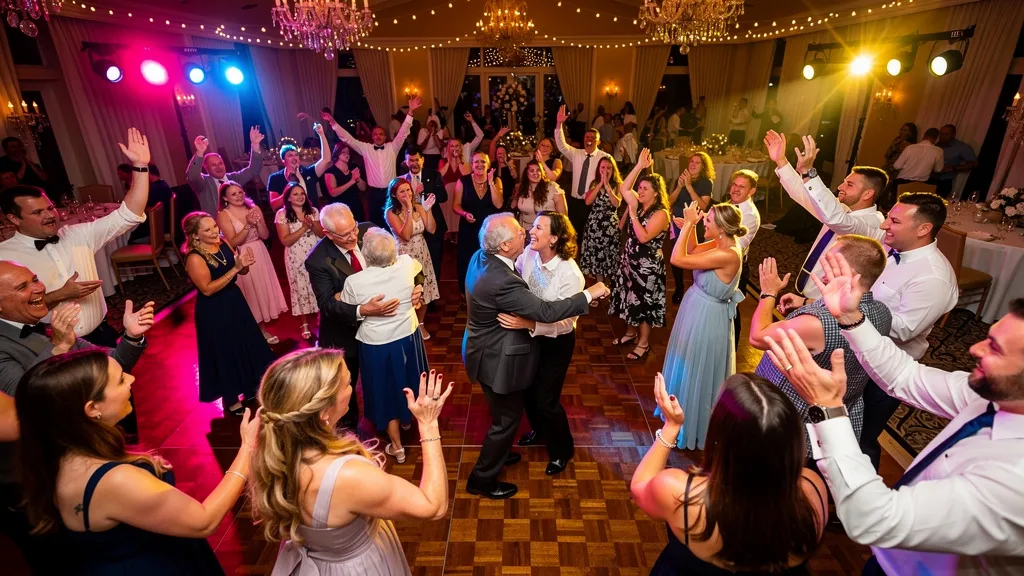 Guests dancing at lively wedding reception