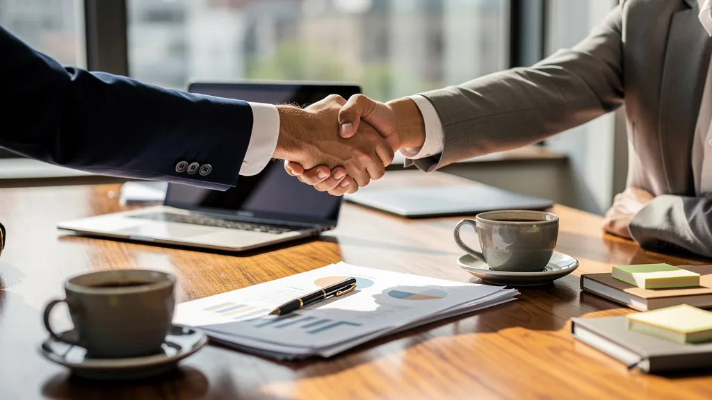 Businessmen shaking hands during a meeting.