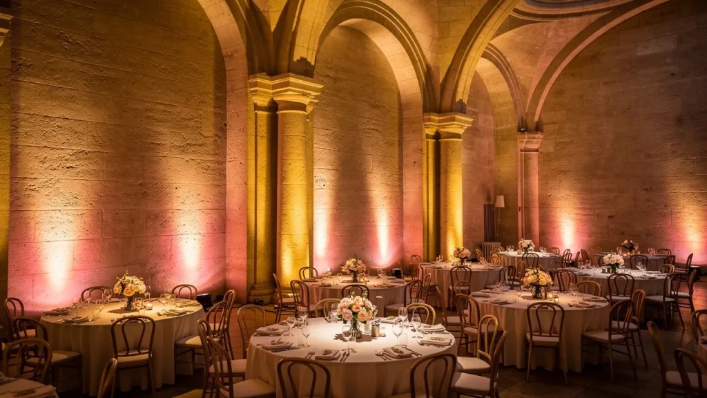 Elegant banquet setup in dimly lit stone hall.