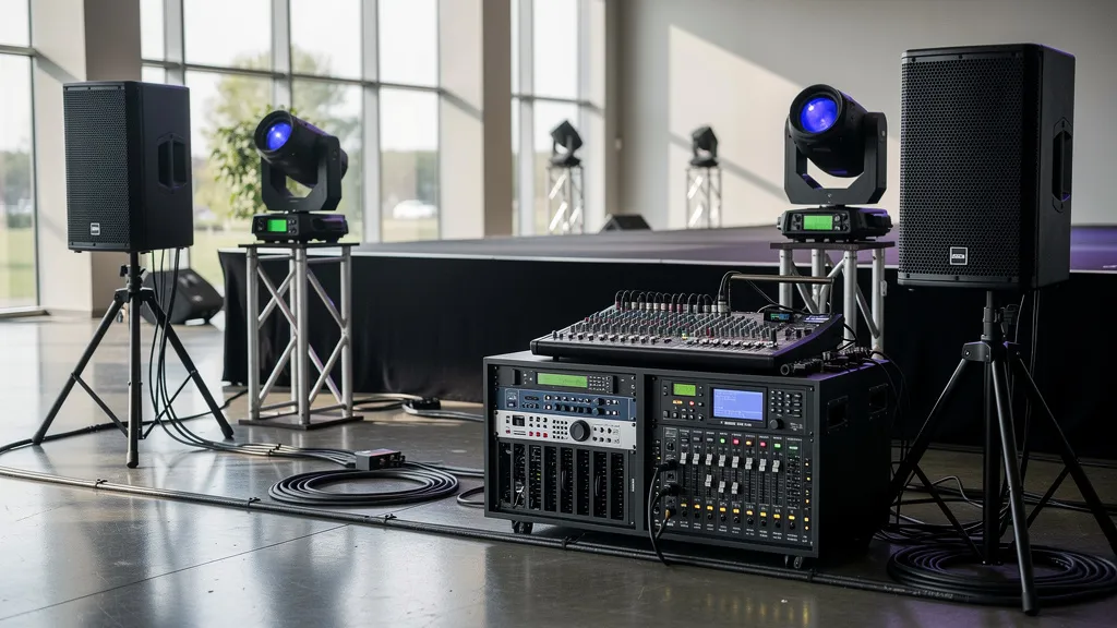 Professional audio equipment setup near stage