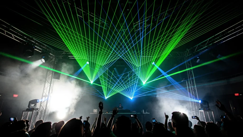 Nightclub with colorful laser lights and crowd