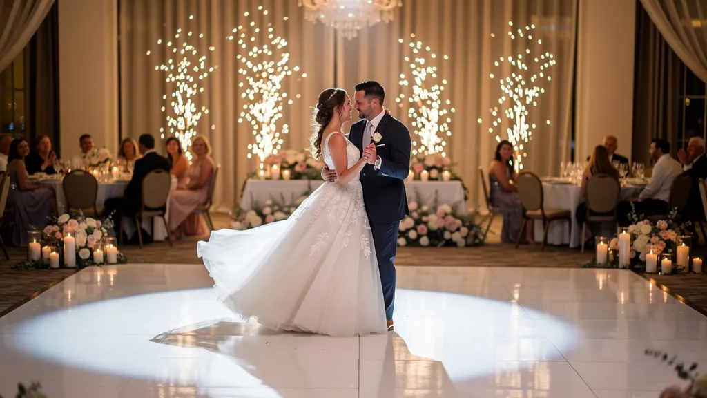 Bride and groom dancing at elegant wedding reception