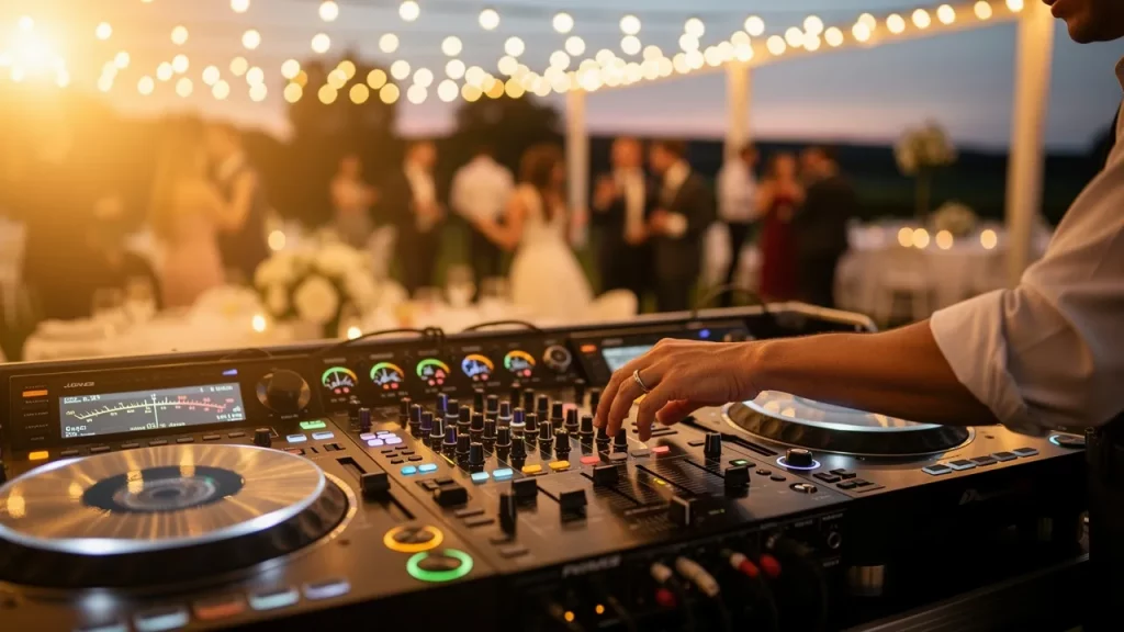 DJ mixing music at outdoor wedding reception