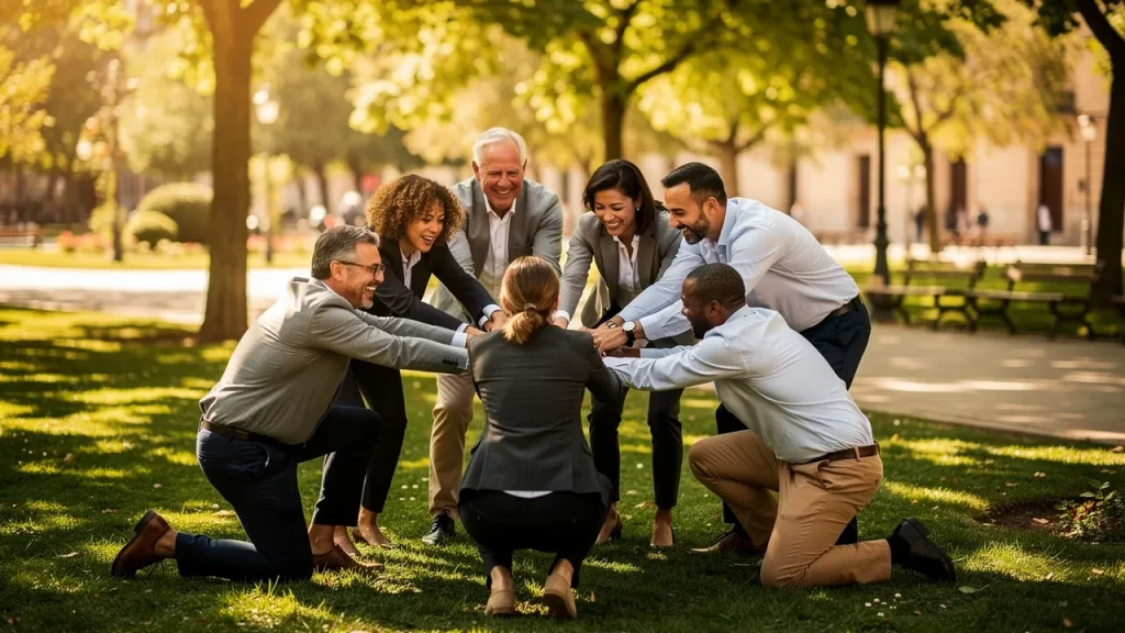 Group of colleagues bonding outdoors in park