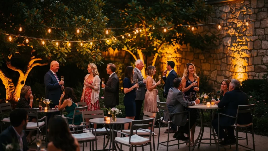 Outdoor evening party with people socializing.
