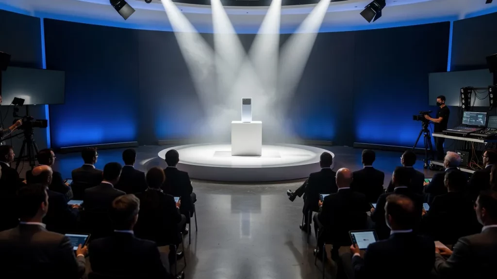 Product launch event with audience and stage lighting.