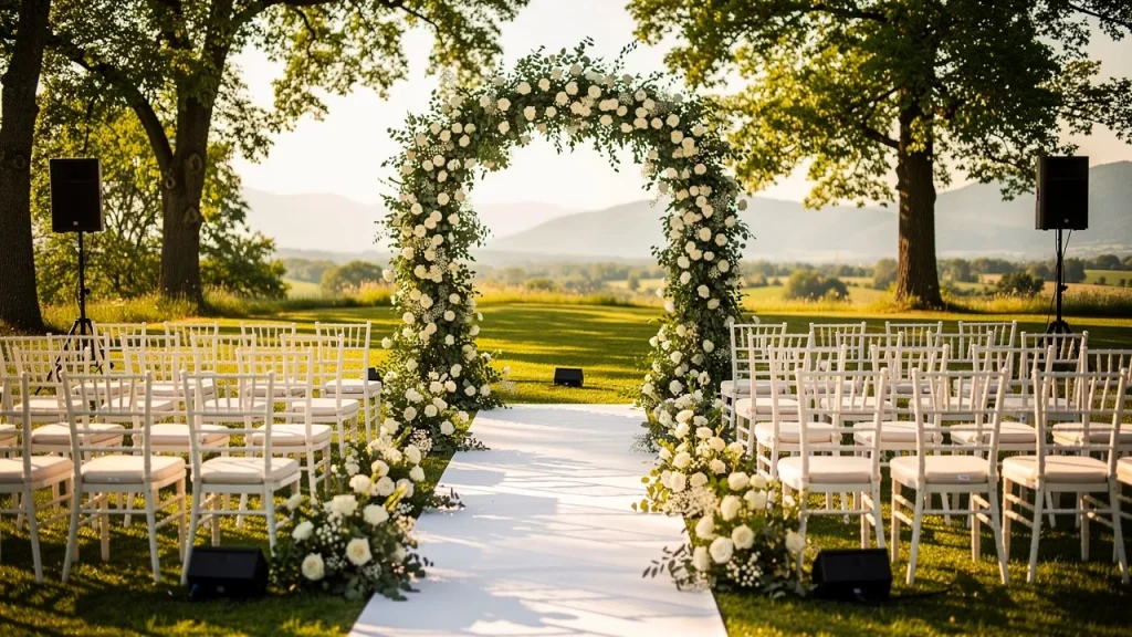 Beautiful outdoor wedding setup with floral archway.