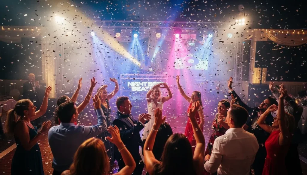 Party with confetti and dancing crowd.