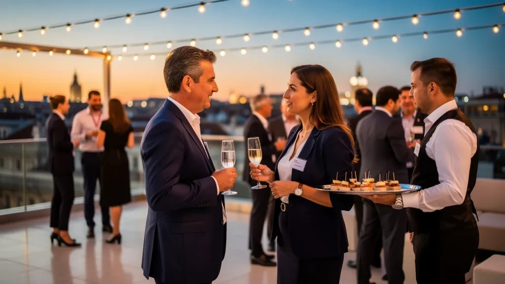 Business networking event on rooftop terrace at sunset.