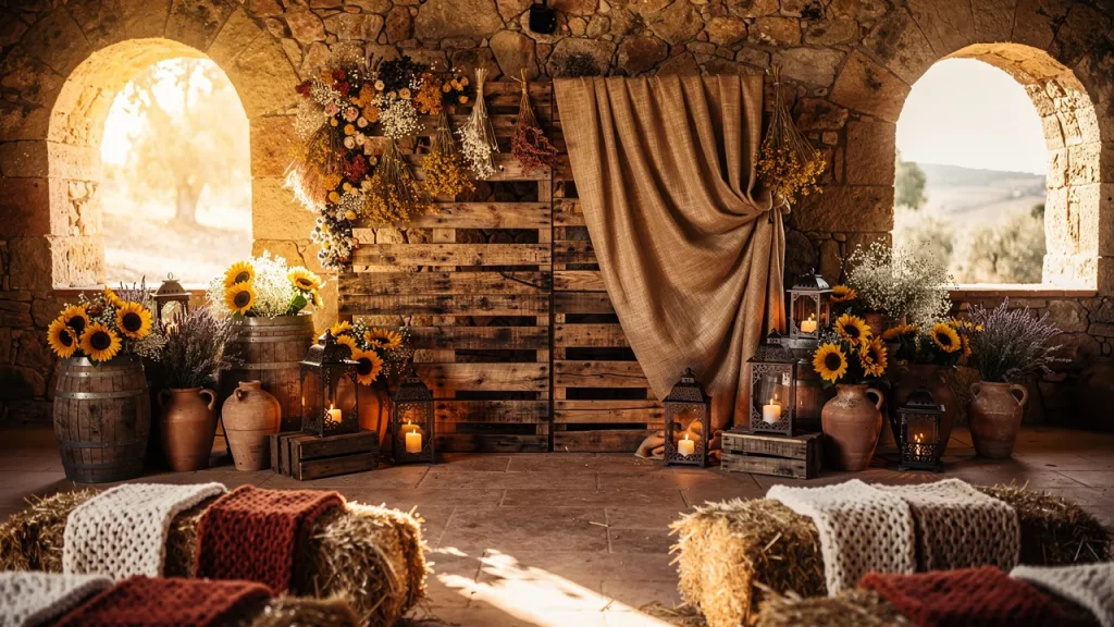 Rustic autumn decor with sunflowers and candles