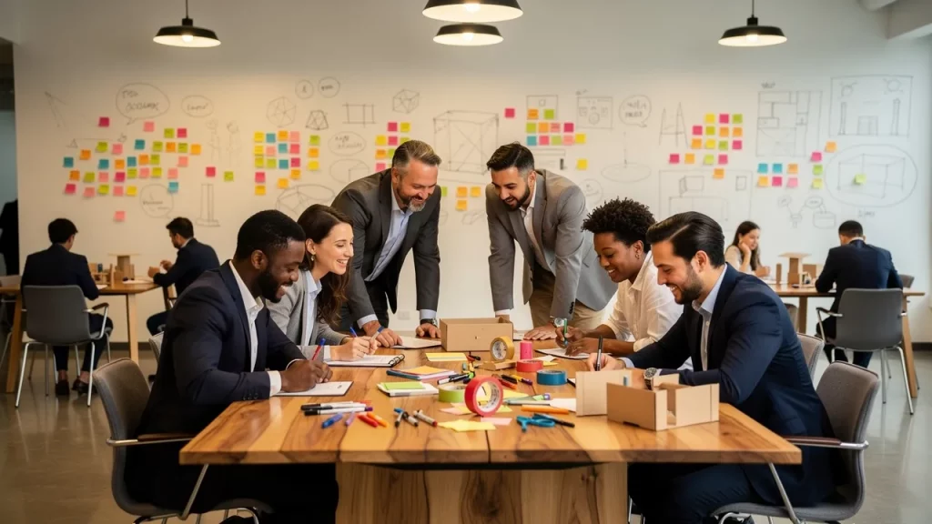 Team collaborating in modern office with whiteboard brainstorming.