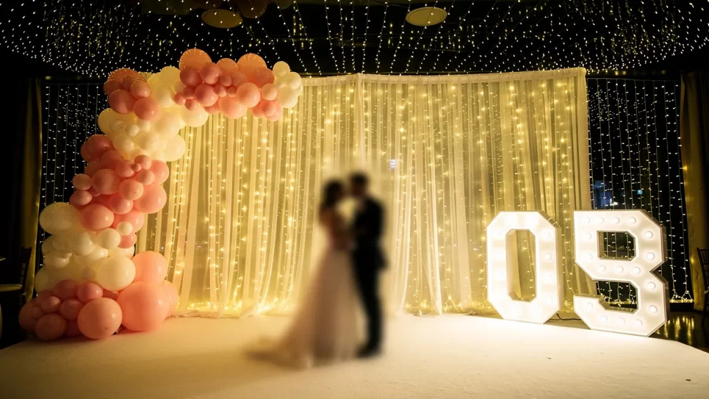 Wedding couple with balloon arch and lights