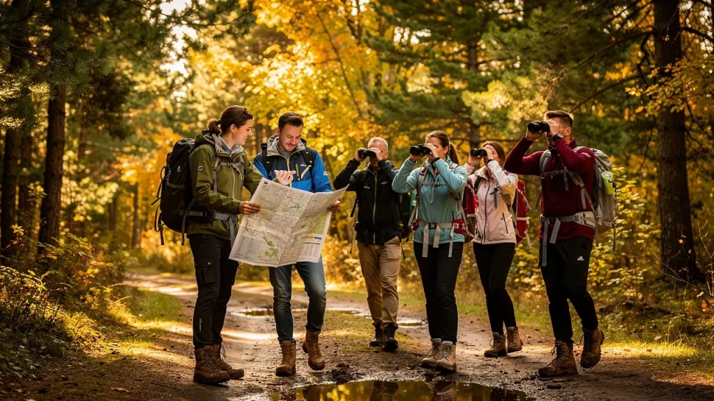 Group hiking through an autumn forest, using map.