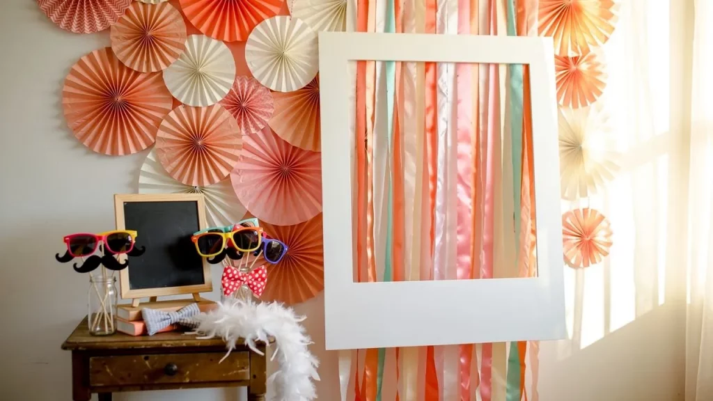 Colorful photo booth setup with props