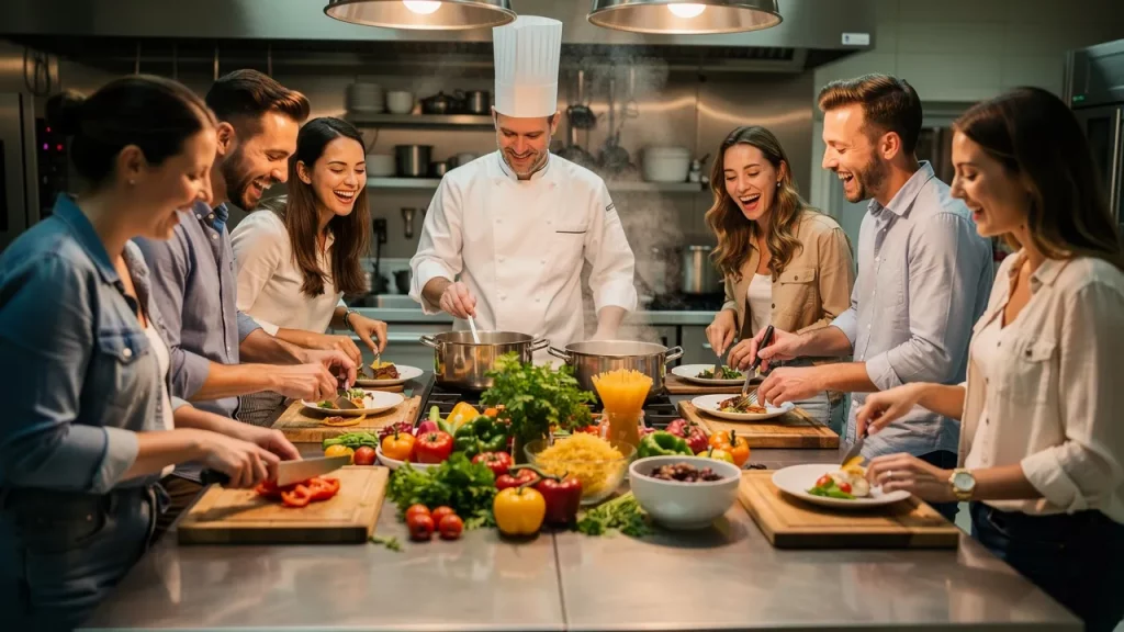 Chef teaching cooking class with smiling participants.