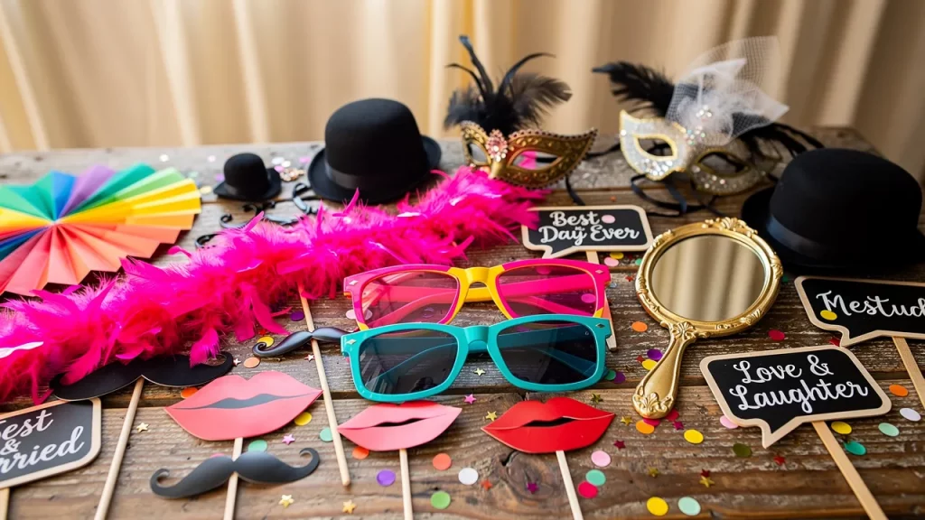 Colorful party props on wooden table.