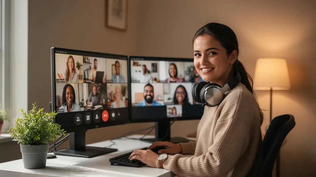Smiling woman in virtual meeting at desk