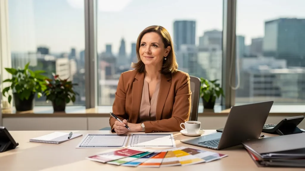 Businesswoman planning strategy in office with city view.