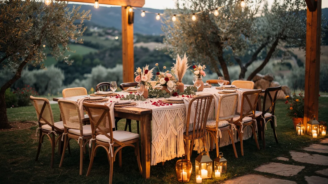 Rustic outdoor dinner table under string lights at sunset