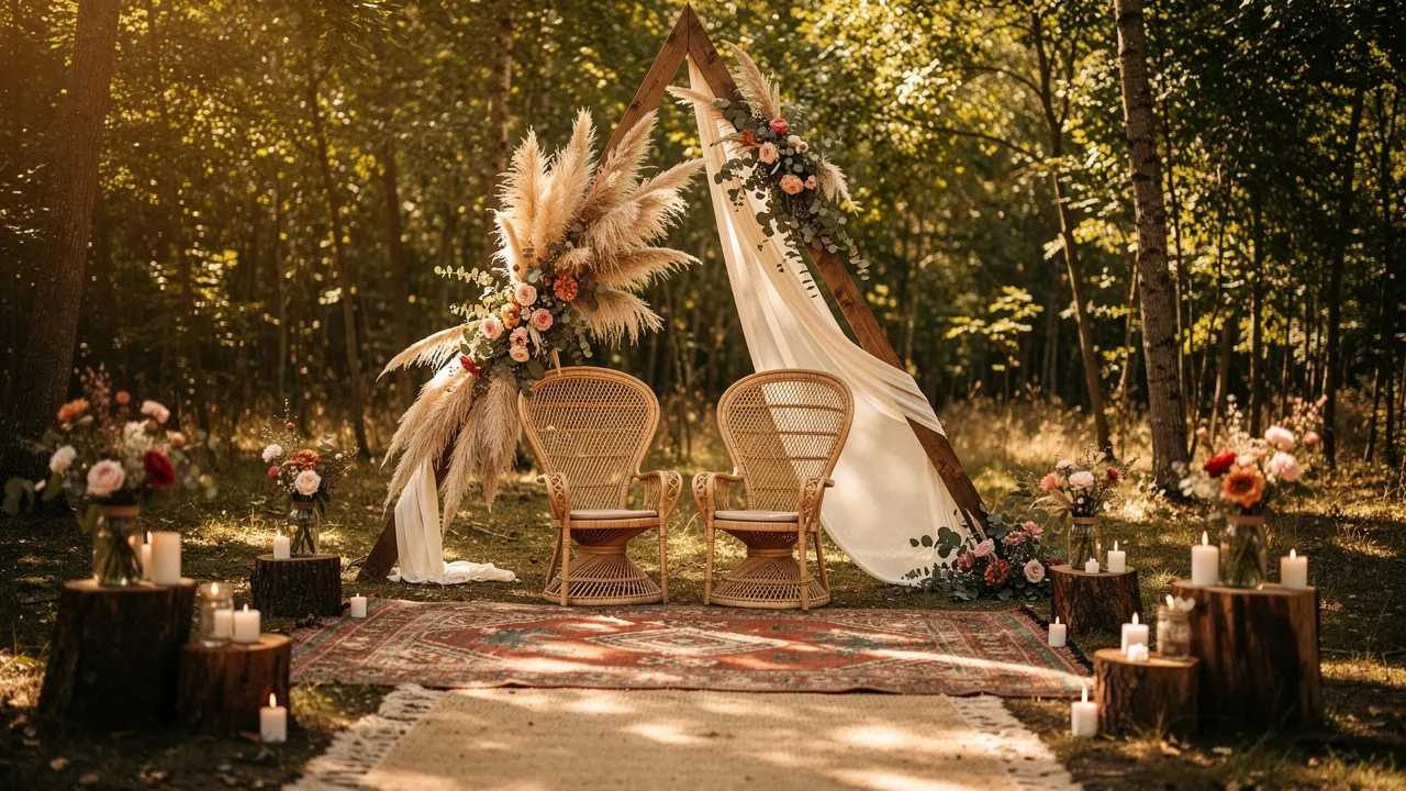 Boho outdoor wedding altar in forest setting