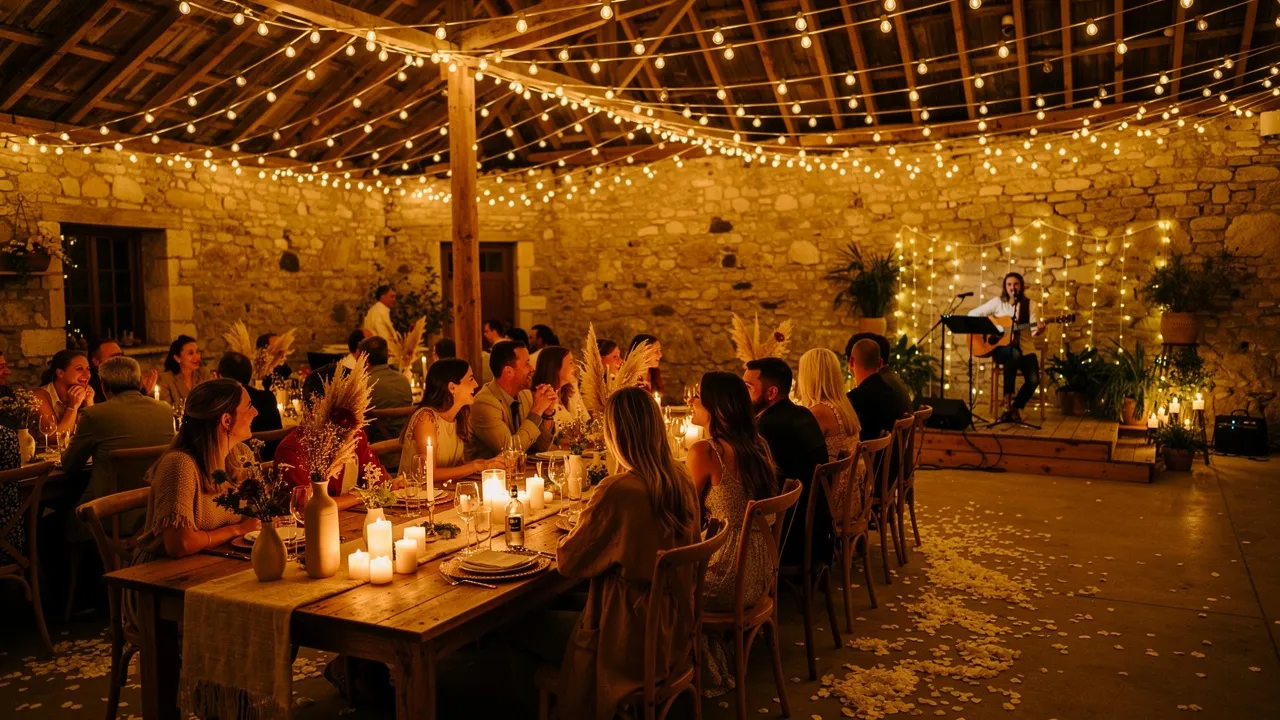 Rustic indoor wedding reception with string lights