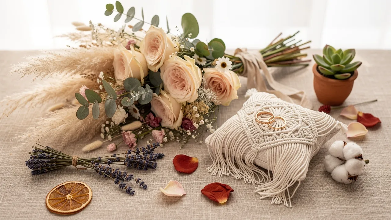 Wedding bouquet and rings on macrame pillow