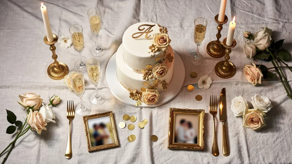 Elegant white and gold wedding cake table setting