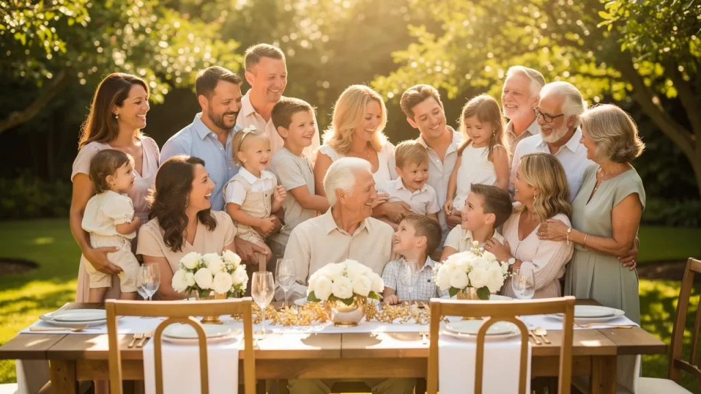 Multigenerational family gathered at outdoor dinner table