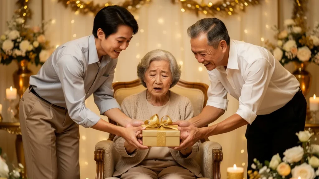 Two men giving elderly woman a gift