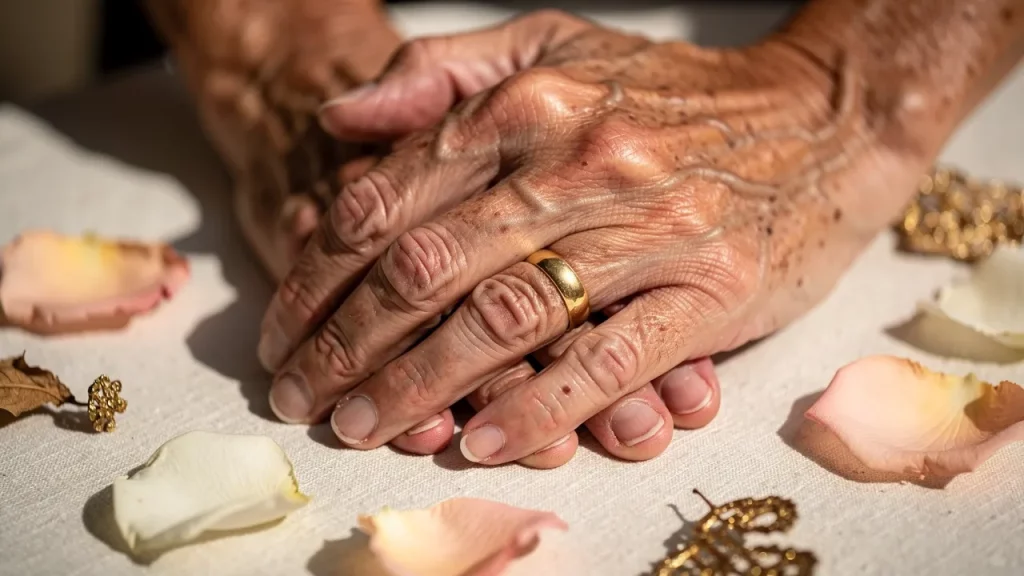 Elderly couple holding hands with wedding ring