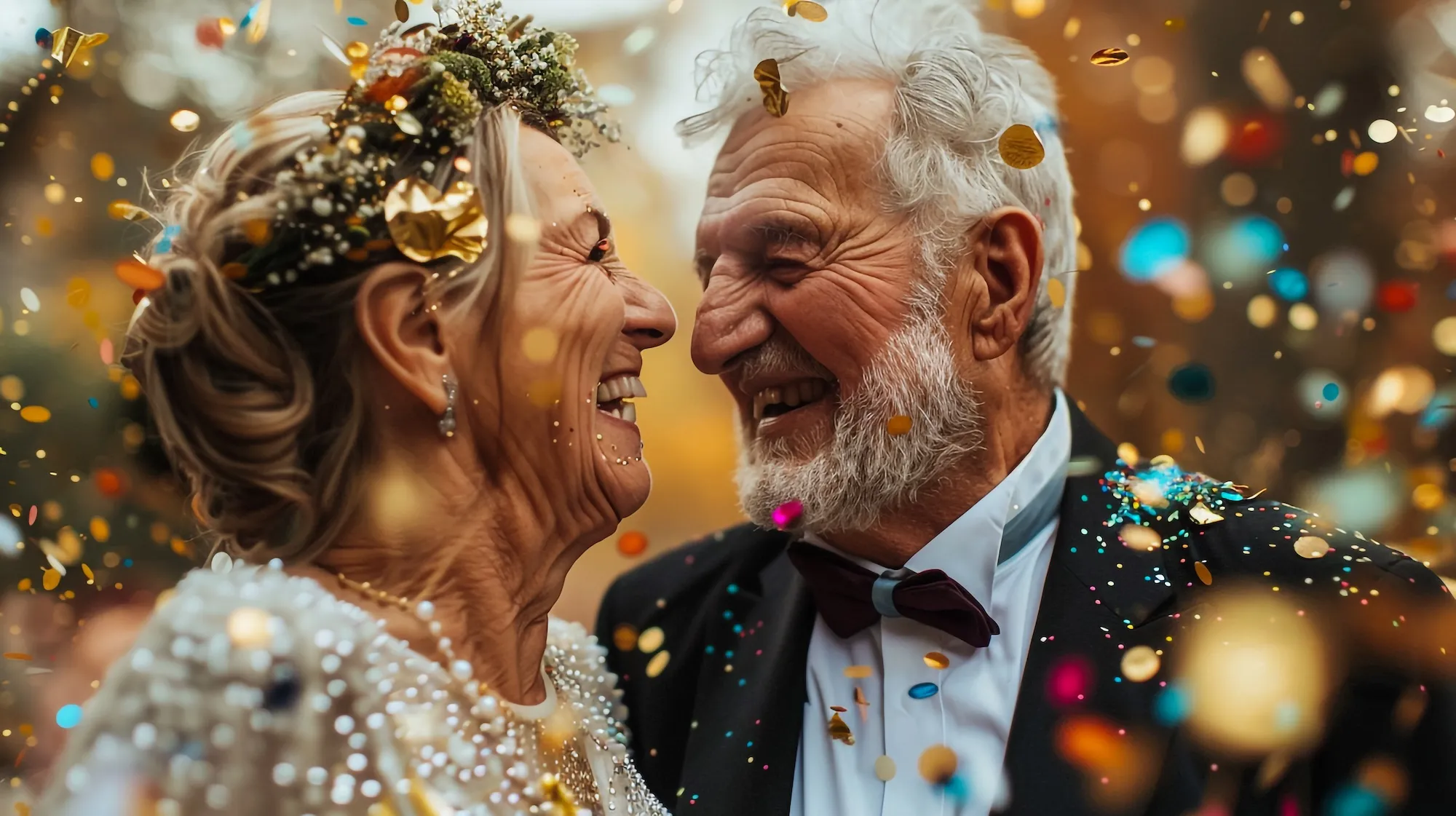 Pareja de ancianos sonriéndose el uno al otro con confeti