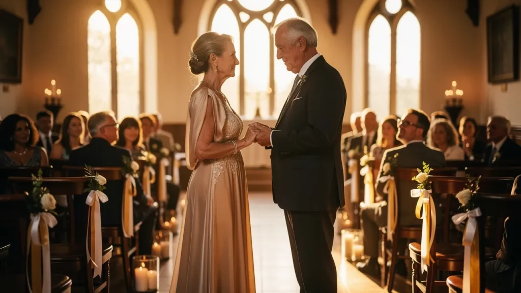 Elderly couple exchanging vows in church ceremony
