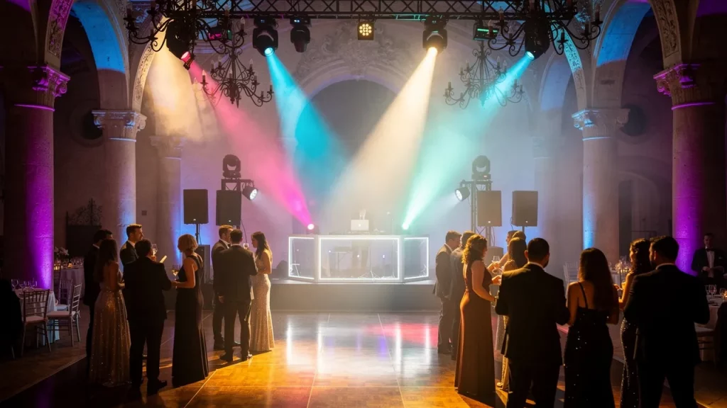Guests mingling at formal event with DJ lights