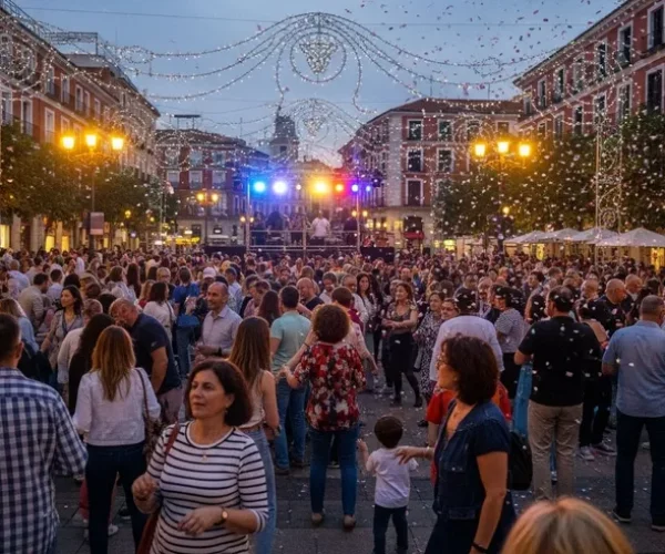 bonkers image a bustling town (3) Crowd at outdoor evening festival with colorful lights.