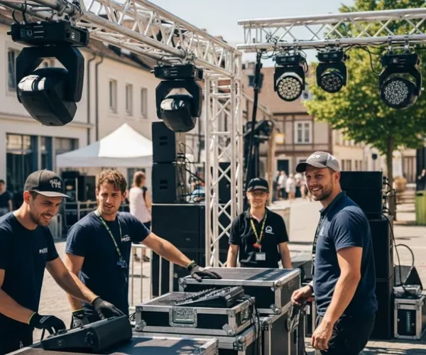 bonkers image a candid scene Team setting up outdoor stage lighting equipment.