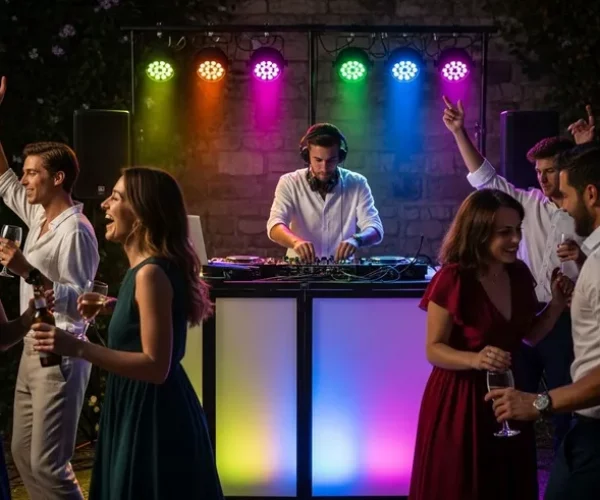 bonkers image a nighttime outdoor front DJ mixing music at outdoor party