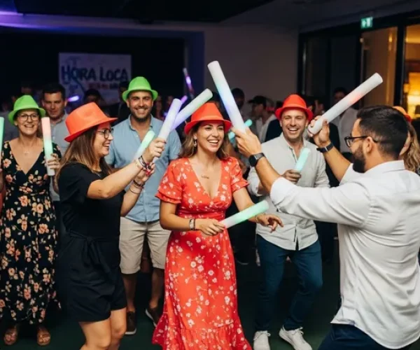 bonkers image an energetic “hora (3) People dancing with glow sticks at a party.