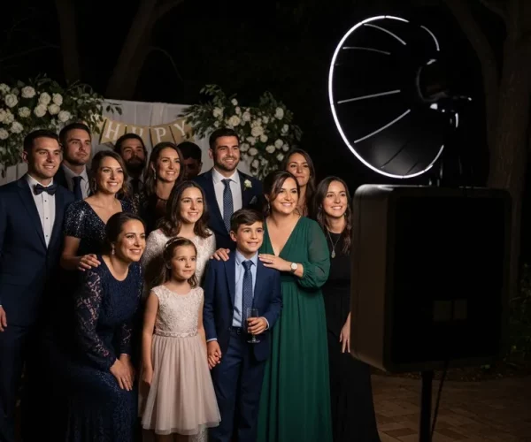 bonkers image at the end Group photo at a formal event, smiling widely.