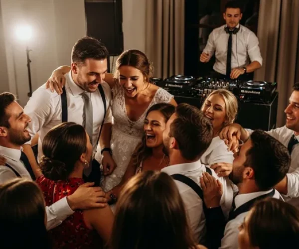bonkers image moments of spontaneous Group celebrating at wedding reception with DJ.