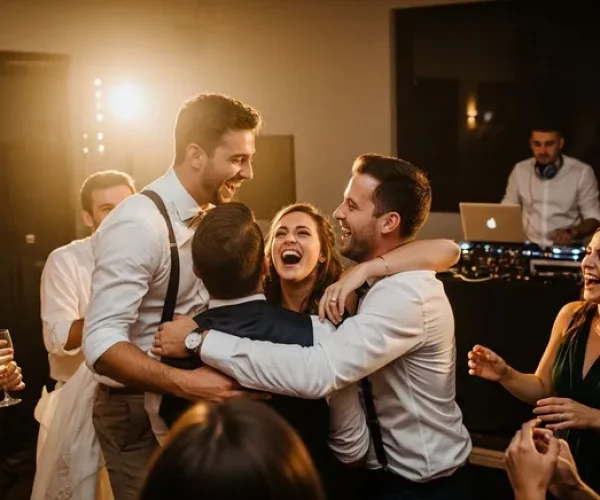 bonkers image spontaneous moment of (2) People laughing and hugging at a lively party.