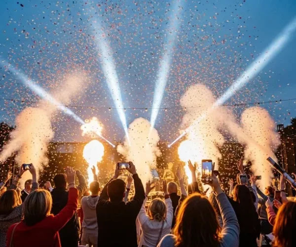 phones bonkers image a crowd cheers Crowd celebrating with fireworks and confetti at night.